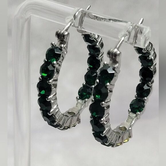 Emerald Color Crystal Hoop Earrings - Picture 9 of 16